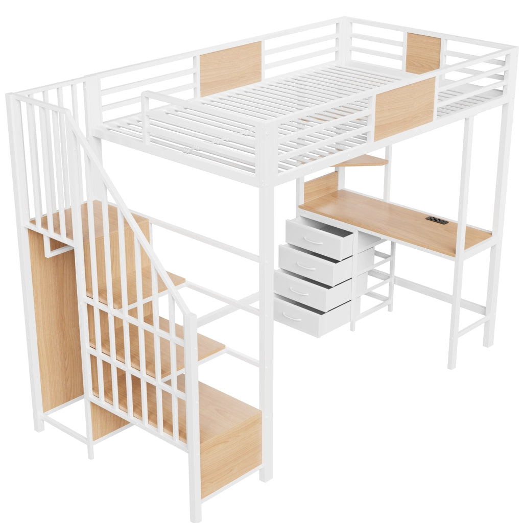 Letto a soppalco 90 x 200 cm, struttura in metallo, con scrivania, illuminazione a LED, presa di corrente, bianco