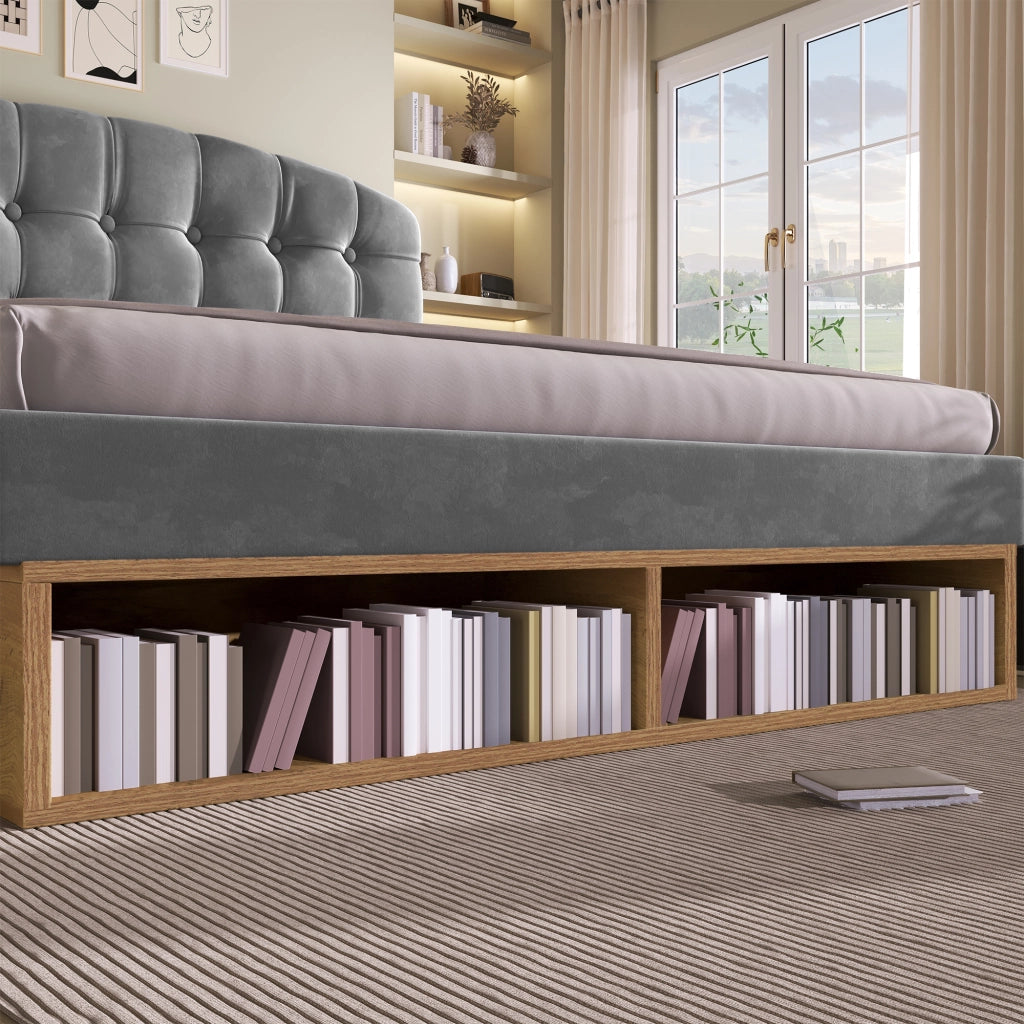 Letto contenitore 140 × 190 cm con testiera regolabile, cassetti e ripiani, senza materasso, in velluto grigio