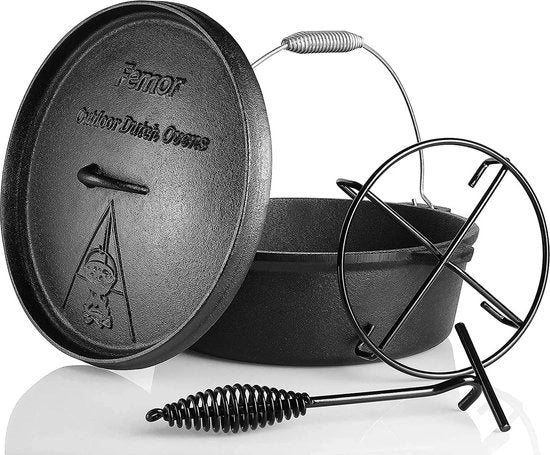 Dutch Oven Gietijzer 7.5L - Set Completo - Con Coperchio Pratico - Adatto Per La Barbecue