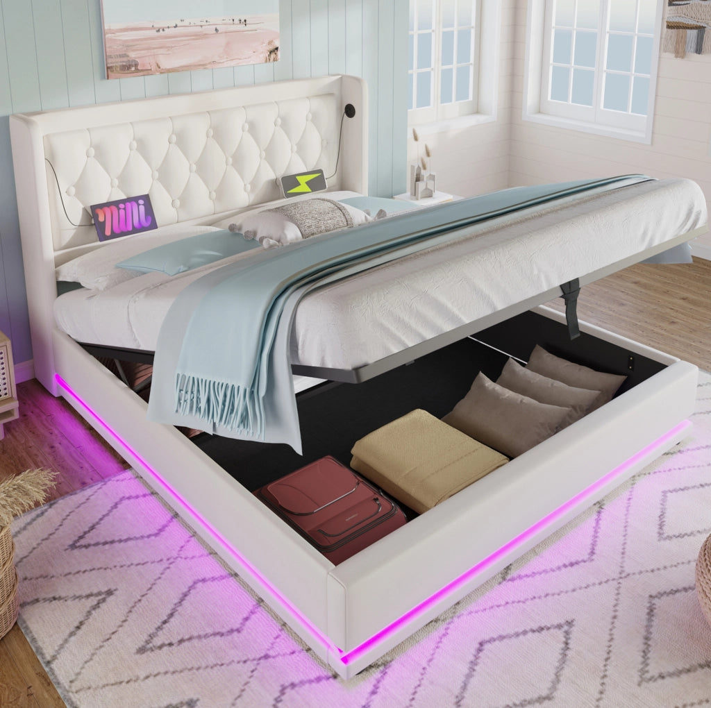 Letto matrimoniale contenitore 180x200 cm bianco con LED e USB-C