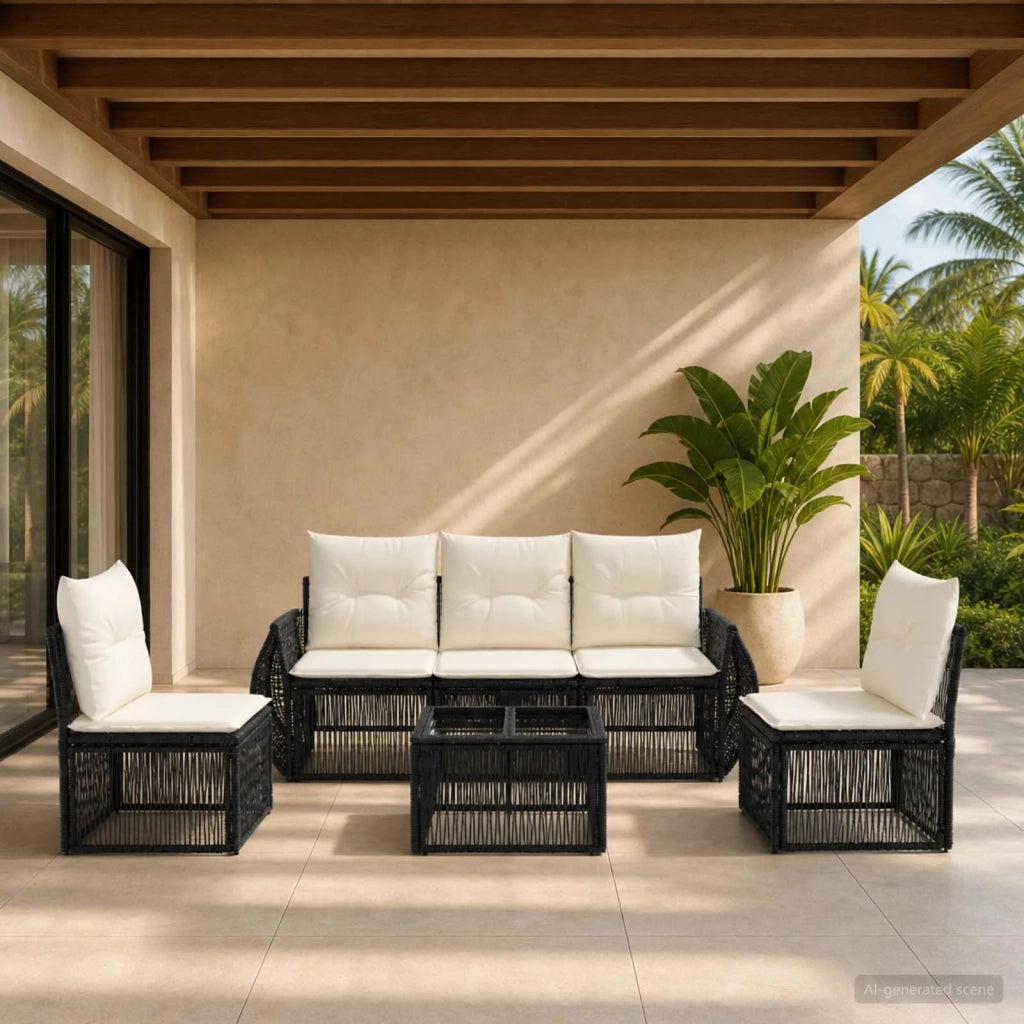 Set Divano da Giardino 6 pcs Nero e Bianco Crema polyrattan 3435376