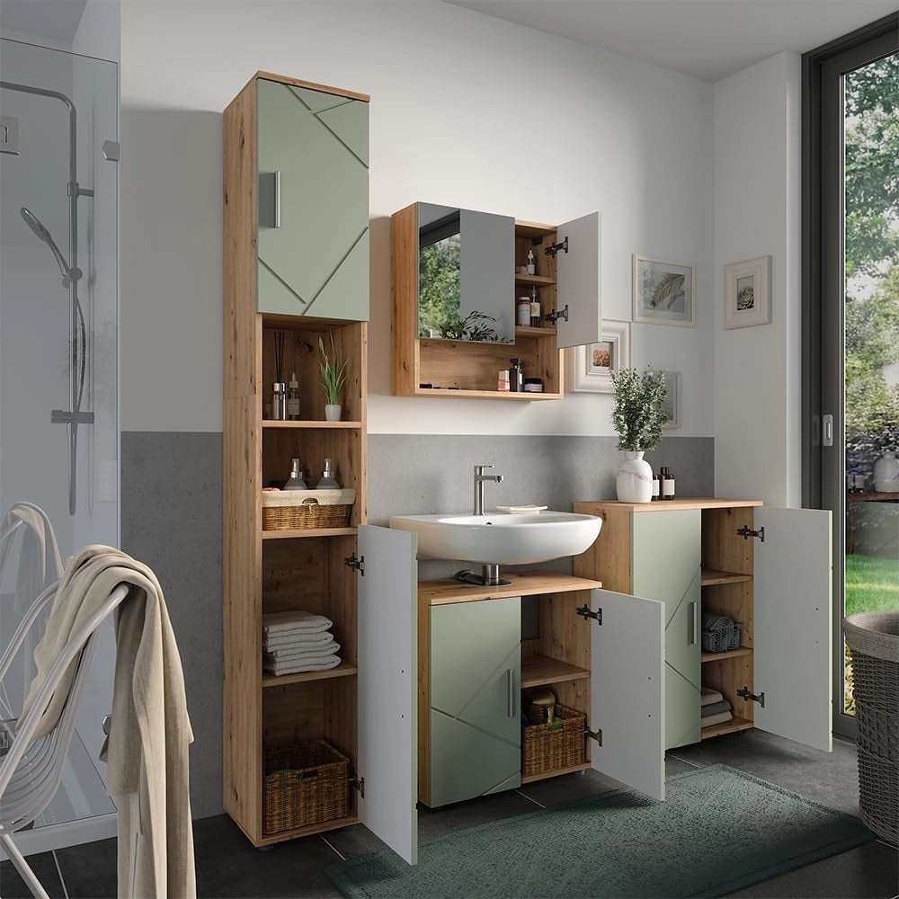 Set di mobili da bagno Irma, Verde salvia, 60 cm, composto da mobile lavabo, pensile a specchio, colonna e base media