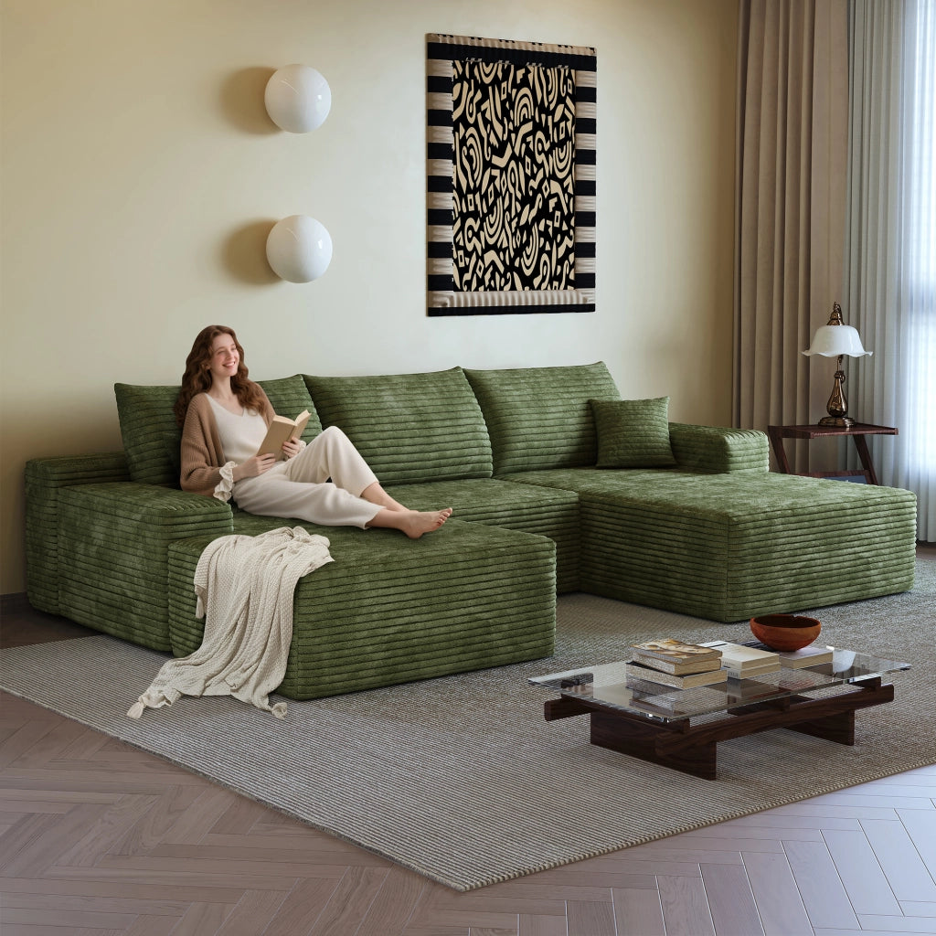 Divano angolare modulare con chaise longue a L e seduta profonda, senza attrezzi, in tessuto a coste verde