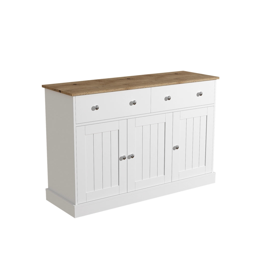 Credenza con 3 ante e 2 cassetti in pannello truciolare bianco e effetto legno 120 × 36 × 80,5 cm