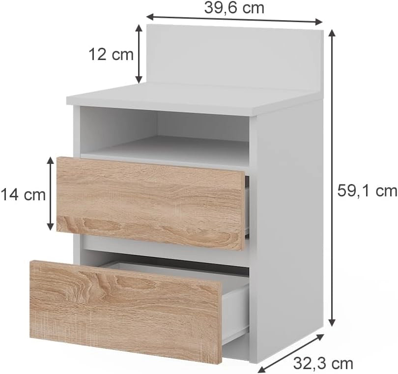 Comodino Monty, Bianco/Sonoma, 32.3 x 59.1 cm con 2 cassetti