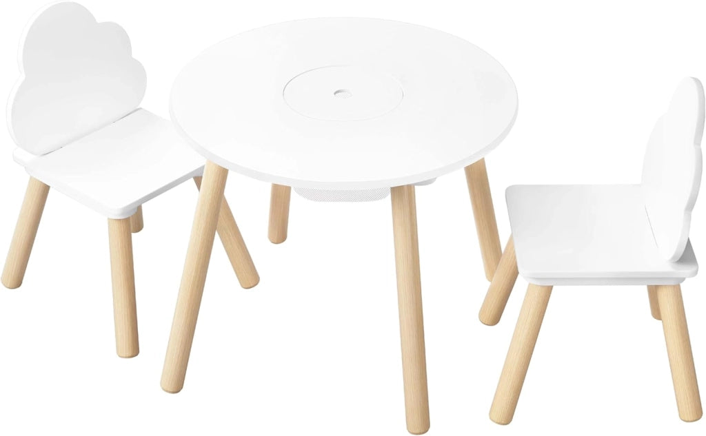 Set di Tavolo e Sedie per Bambini, Rotondo in Legno Con 2 Sedie, Tavolino a 3 Pezzi per Asilo Nido, Bianco