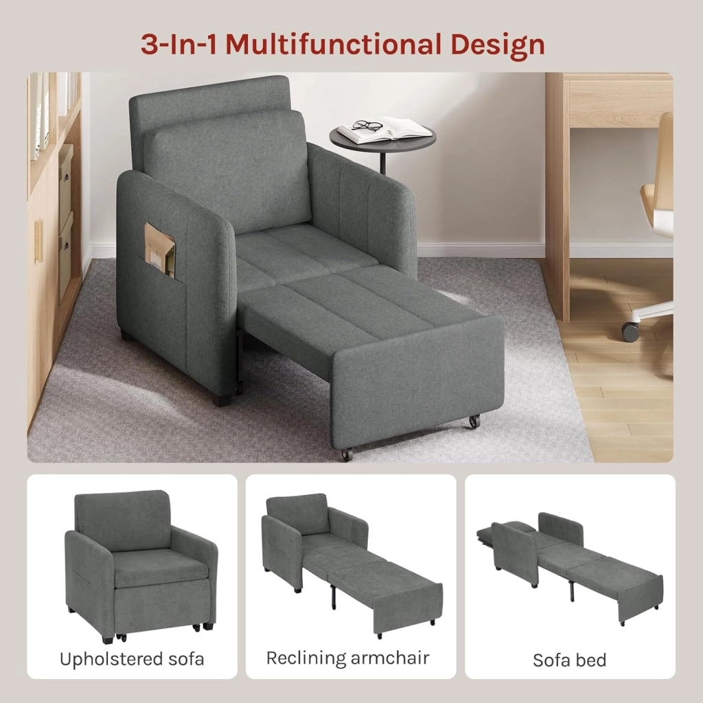3-in-1 Divano Letto, Poltrona Letto Trasformabile con Reclinazione a 5 Posizioni, Divano Singolo Pieghevole per Piccoli Spazi, Chaise Lounge, Tessuto in Spugna Traspirante, Grigio Scuro