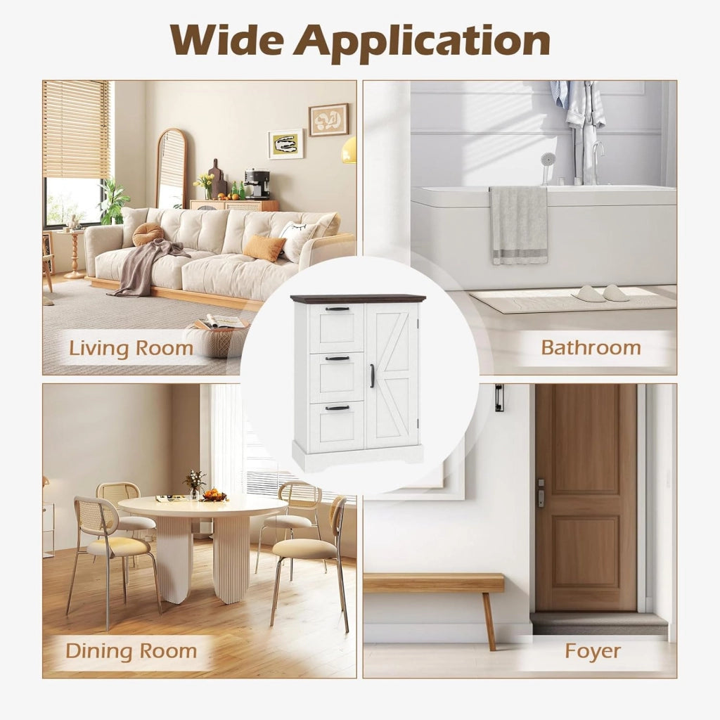 Mobiletto da Pavimento in Legno, Organizzatore per Conservazione Rustico con Porta da Fienile e 3 Cassetti, Buffet Laterale Autonomo per Cucina, Soggiorno, Sala da Pranzo (Bianco)