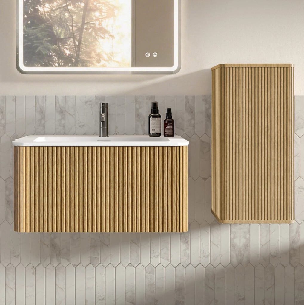Set mobili bagno rovere con lavabo in Solid Surface e colonna