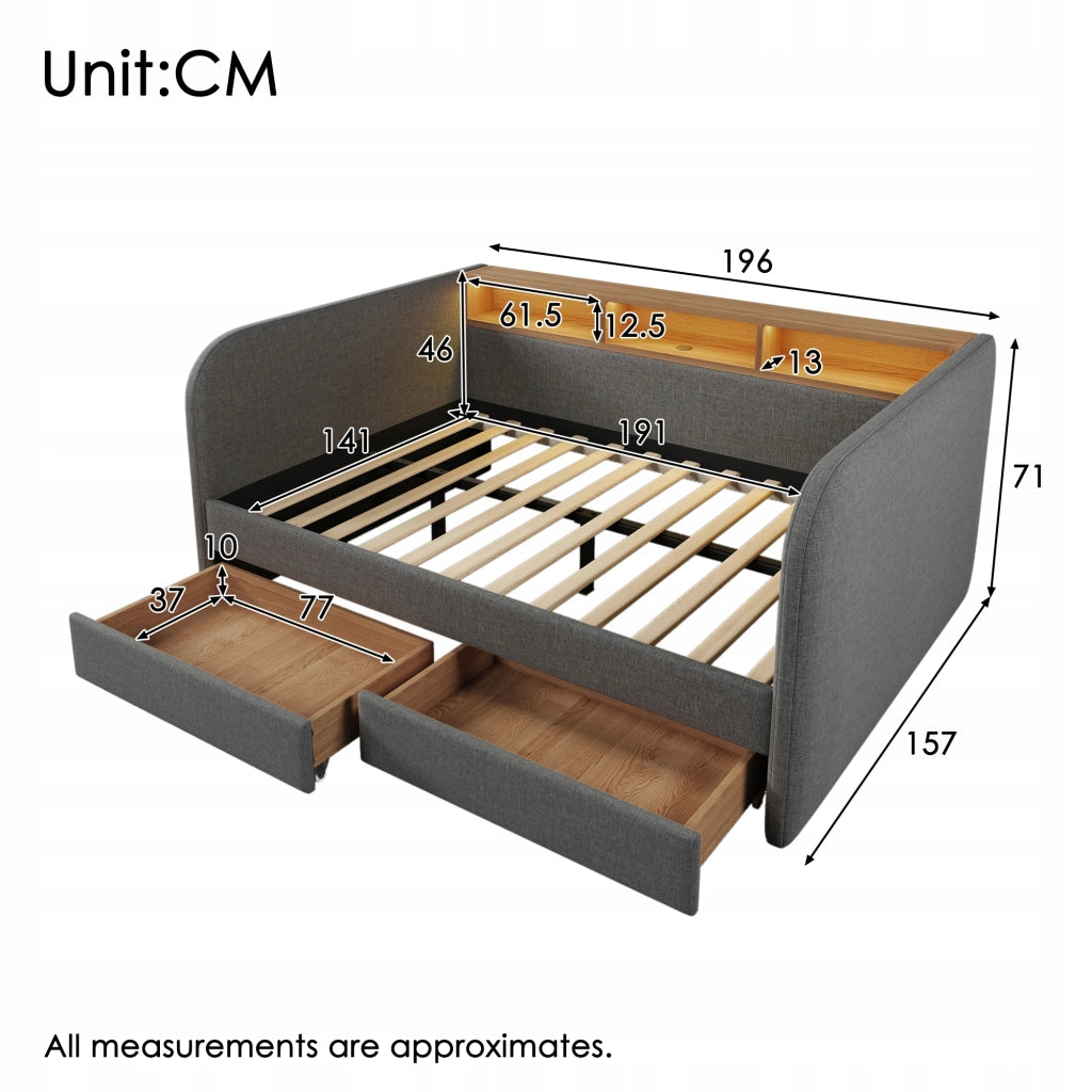 Letto a giorno 140x190 - Xylo - USB-C 2 cassetti grigio