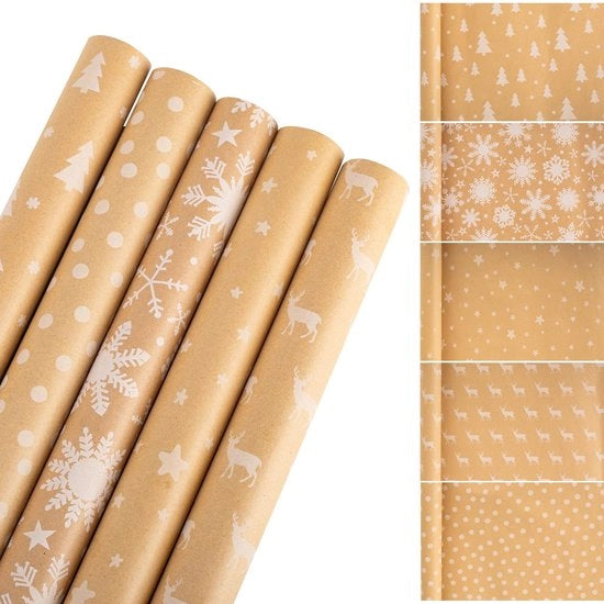 Pacchi di carta per decorazioni natalizie in carta kraft riciclata, 5 pacchi da 43cm x 3m, per decorazioni per bambini e adulti.