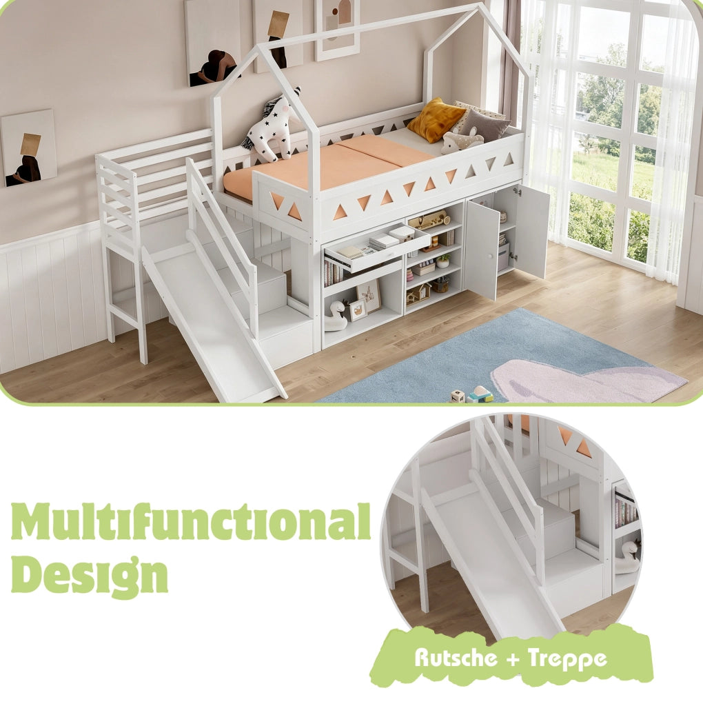 Letto per bambini 90x200 cm con scivolo; scala; cassetti e contenitori; bianco