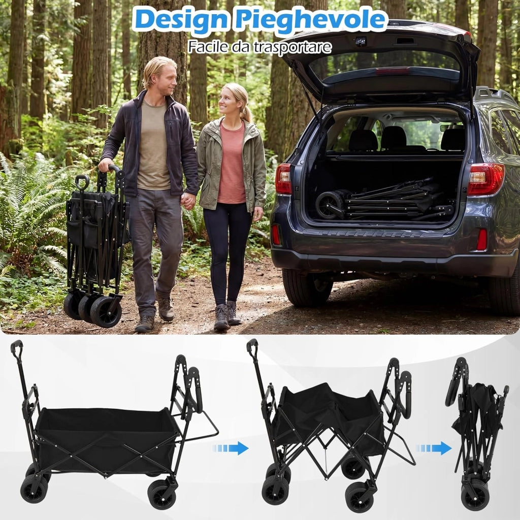 Carrello Pieghevole con Tetto, Carrello Trasportabile con Maniglia Regolabile, Borsa Portaoggetti e Ruote Grandi, Carrello da Giardino Capacità 100L, per Campeggio e Animali Domestici (Nero)