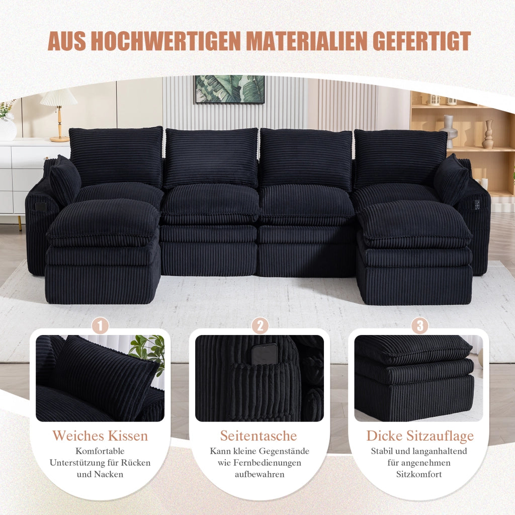 Divano modulare 4 posti in velluto a coste con cuscini e tasche laterali per soggiorno, nero 335 × 167 × 85 cm