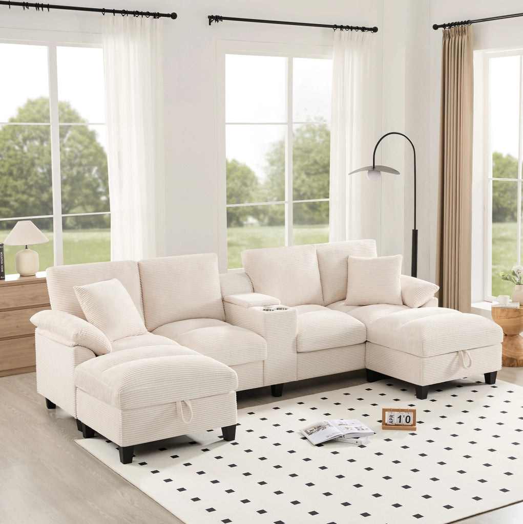 Divano modulare a U 4 posti in velluto a coste beige con USB
