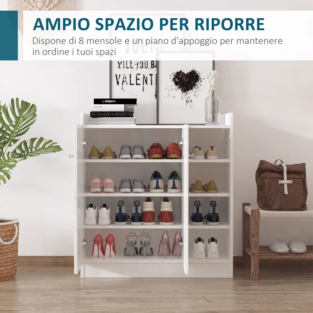 EasyComfort Scarpiera Ingresso con 4 Ripiani Aperti, Scarpiera Armadio Multiuso con Armadietto a 2 Ante e Ripiani Regolabili, Porta Scarpe Salvaspazio per 12 Paia, 83x30x90 cm, Bianco