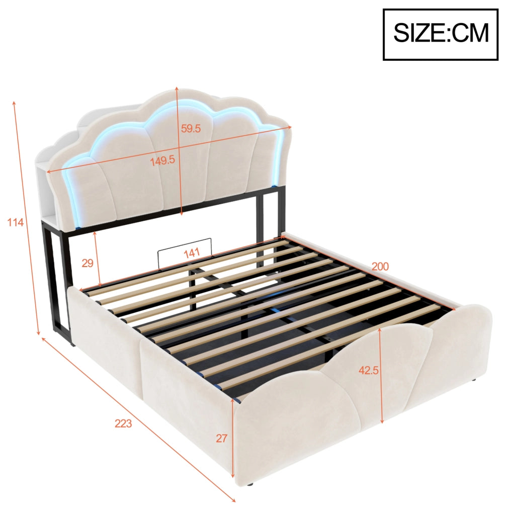 Letto imbottito 140x200 cm con vano contenitore, LED e prese integrate