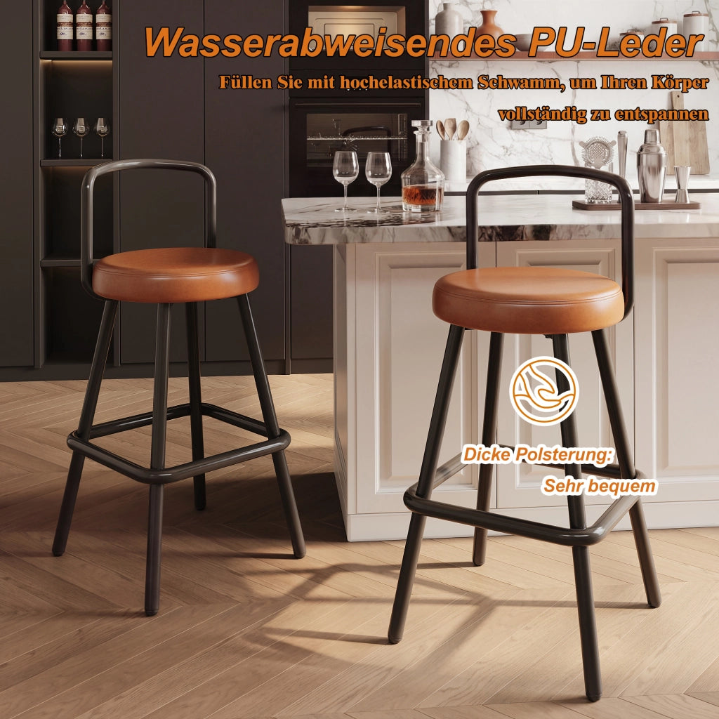 Sgabello da bar ergonomico con schienale imbottito, seduta in PU impermeabile, poggiapiedi e gambe in ferro marrone