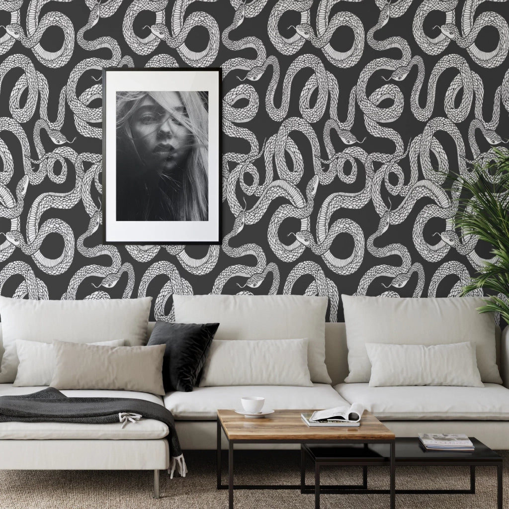 Carta da Parati Serpenti Bianca e Nera Carta Vegana 250x200cm 5,5mq 