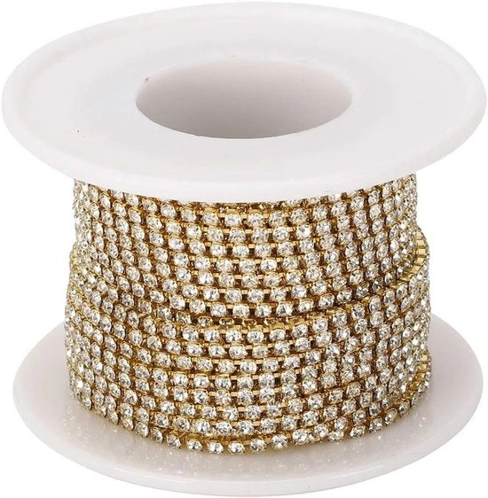 Catenella elegante a cristalli da 10m per decorazione di abiti e creazione di gioielli - Nastro lucido con diamanti bianchi e decorazioni dorate