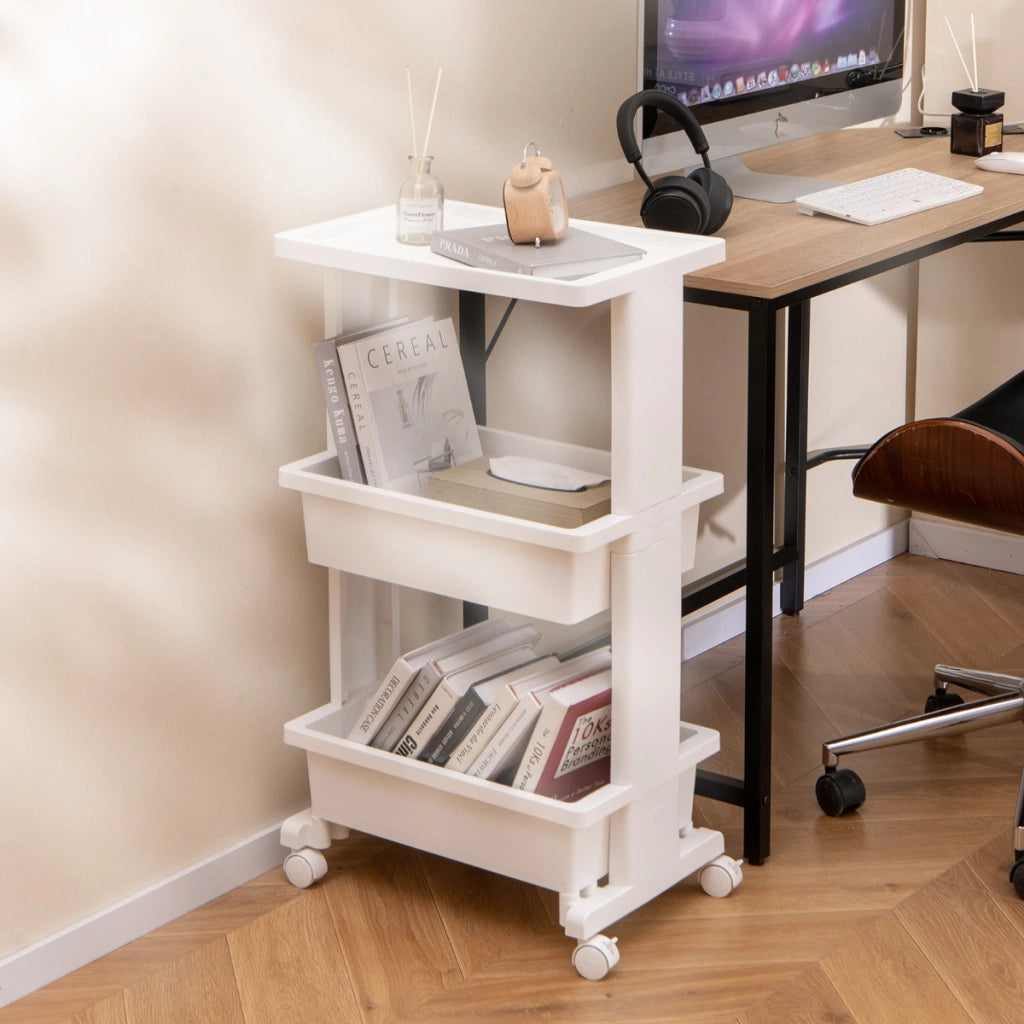 Carrello a 3 piani con piano d'appoggio, Carrello portaoggetti con ruote bloccabili per cucina bagno ufficio Bianco-Carrelli