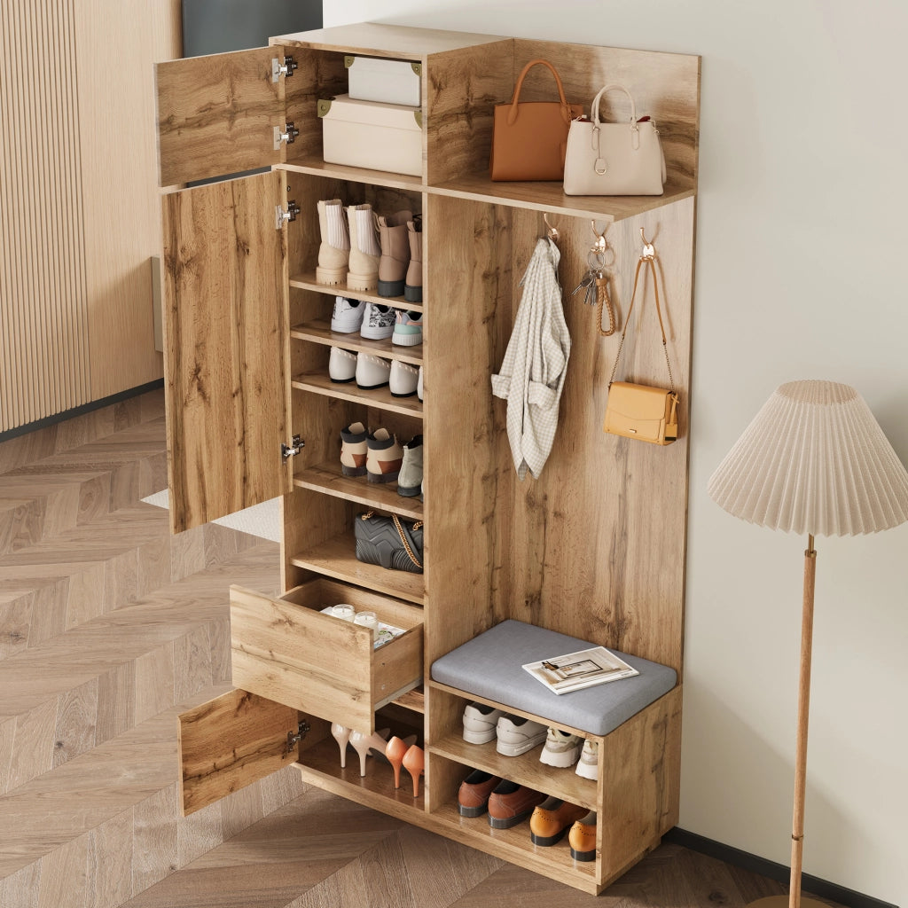 Mobile Ingresso con Specchio; Panchina e Appendiabiti con Cassetti e Scarpiera a Ripiani; MDF; Naturale; 90??34;5??190 cm