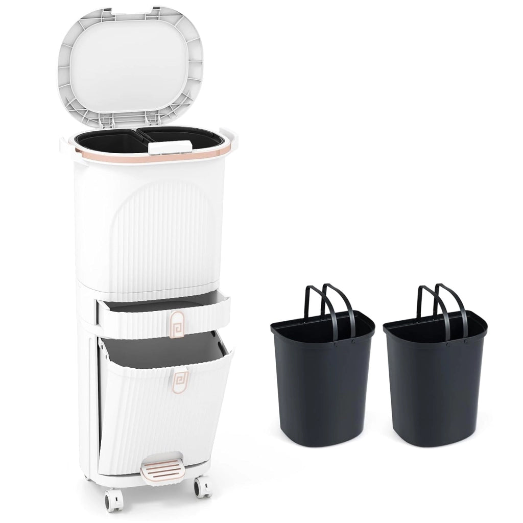 Pattumiera da cucina a 3 scomparti, 42 l, pattumiera con ruote, pattumiera a pedale con cassetto, pattumiera con coperchio, pedale e maniglia, sistema di raccolta differenziata della
