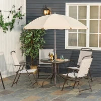 6 pz Set Mobili da Giardino in Tubi d'Acciaio,   Tavolo da Giardino con Sedie e Ombrellone, Crema