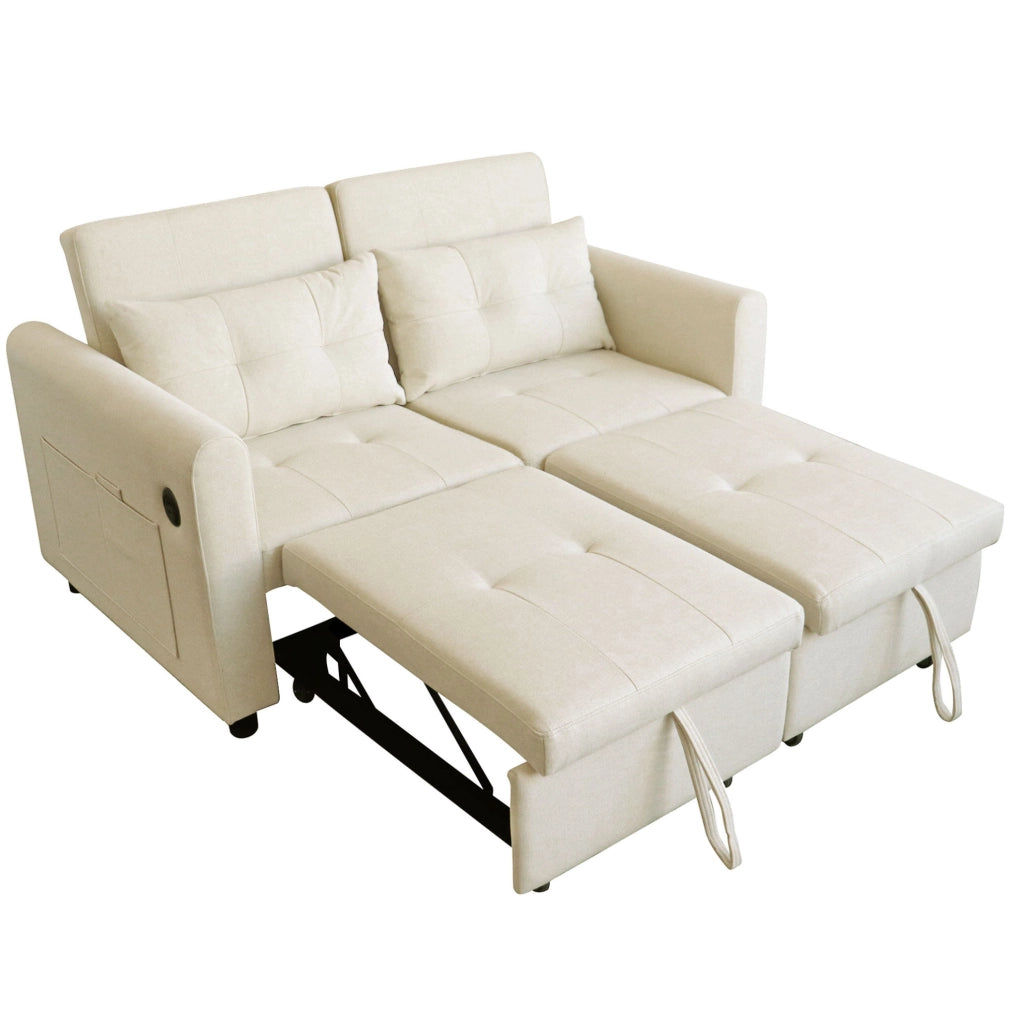 Divano letto 2 posti 3-in-1 beige con schienale regolabile; USB e tasche laterali HOMVRA