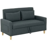 Divano 2 Posti con Spazio Portaoggetti e Cuscini, in Tessuto Effetto Lino e Legno, 135x72x84 cm, Grigio Carbone