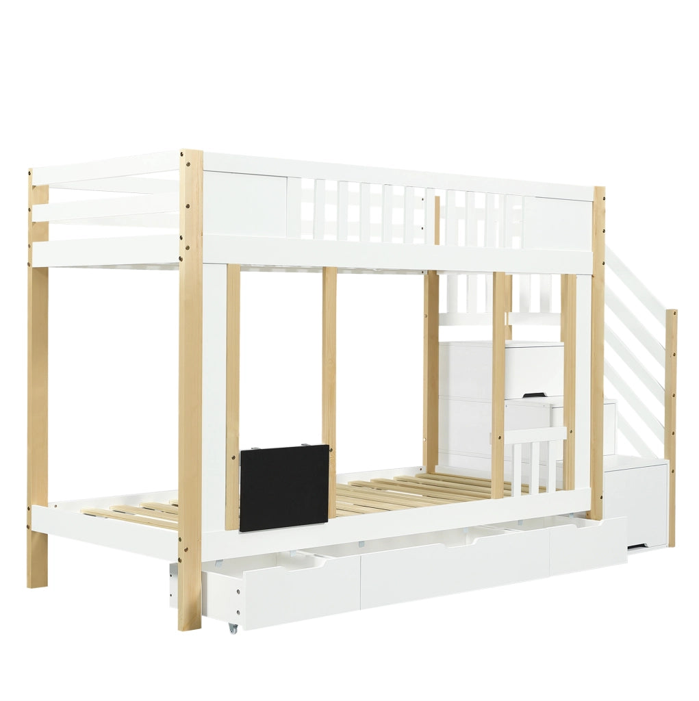 Letto a castello per bambini 90x200 cm con scala contenitore, 3 cassetti e lavagnetta, bianco e naturale