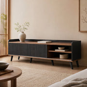 Mobile porta TV con due cassetti e due ante scorrevoli in truciolare nero e legno 160 × 40 × 58 cm