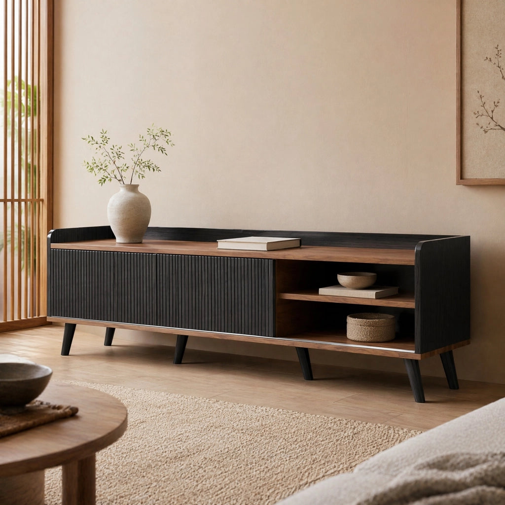 Mobile porta TV con due cassetti e due ante scorrevoli in truciolare nero e legno 160 × 40 × 58 cm