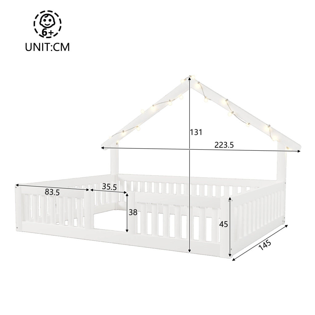 Letto a pavimento a casetta per bambini 140x200 cm con LED e barriera di sicurezza; bianco