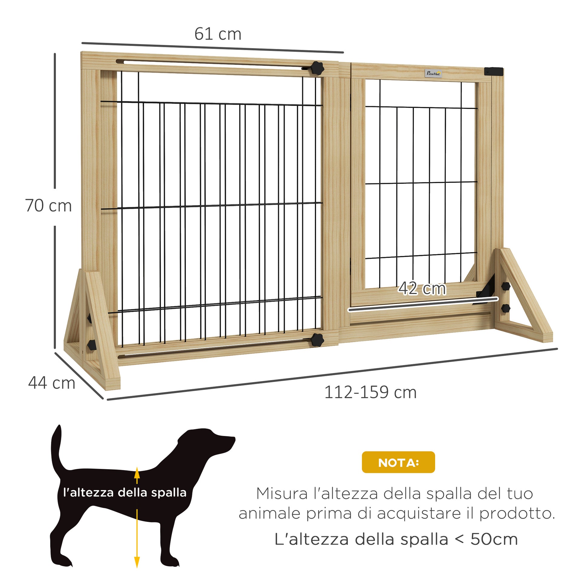 Cancelletto per Cani Estensibile 112-159x70 cm con Porta e 2 Pannelli in Legno Naturale
