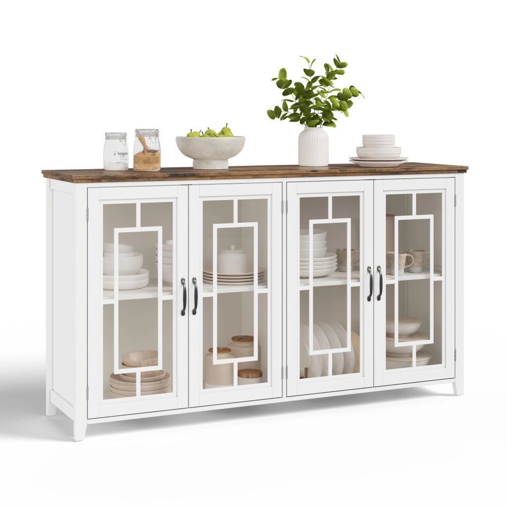 Credenza da cucina 160 cm con ante in vetro, ripiani interni, piano effetto legno e sistema antiribaltamento