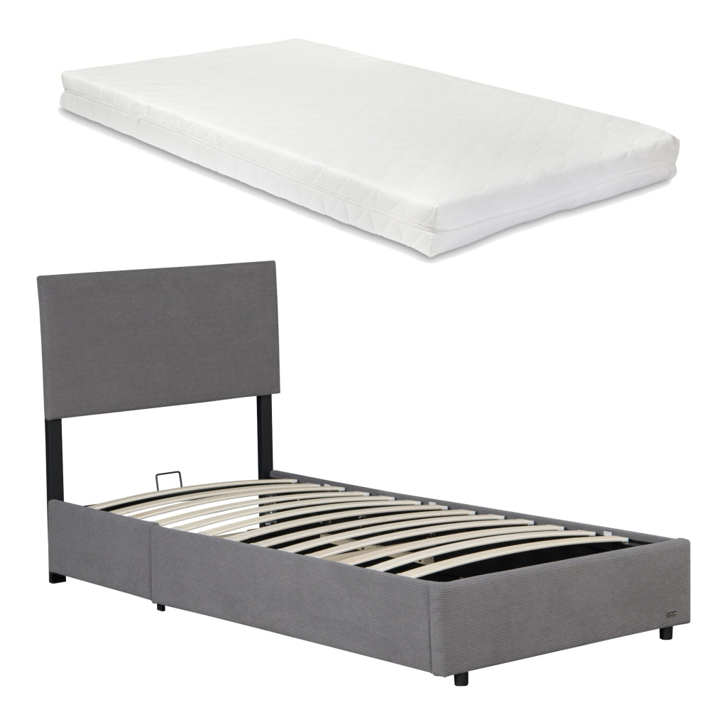 Letto Contenitore Juva Apertura a Ribalta Letto Singolo con Materasso 90x200 cm Velluto a Coste Grigio Corium
