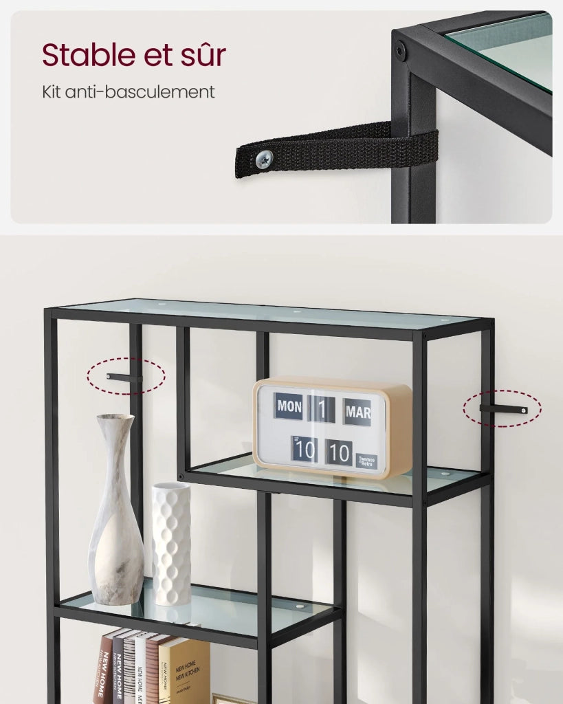 Libreria/scaffale portaoggetti a 6 ripiani con porta piante 30 x 80 x 180 cm vetro temperato per ufficio soggiorno camera da letto cucina nero 12_0005709