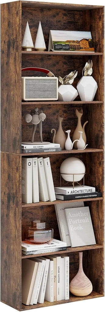 Libreria a 6 Ripiani, Organizzatore per Libri da Terra con 2 Kit Antiribaltamento, Scaffale Moderno per Esposizione per Soggiorno Camera Studio, 60 x 23,5 x 178 cm (Marrone)