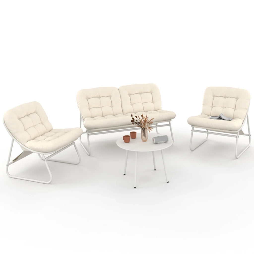 IDMarket - Set di mobili da giardino basso ARONA a 4 posti in metallo bianco e cuscini beige con divano, poltrone e tavolo