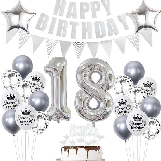 Decorazione di compleanno 18 anni - Ballooni in carta 32 pollici - Bandiera di compleanno - Pendente di bandiera - Ballooni in carta stellata 45 cm - Ballooni in lattice 30 cm - Set completo - Decorazione di festa