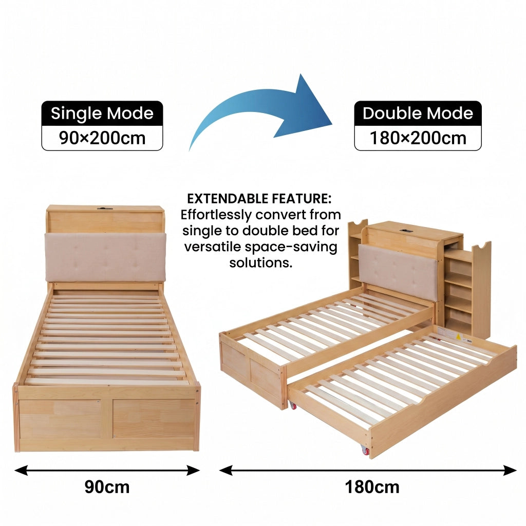 Letto Contenitore con Estraibile 90x200 ¨C MINIMAL ¨C Testiera Imbottita, USB, Legno