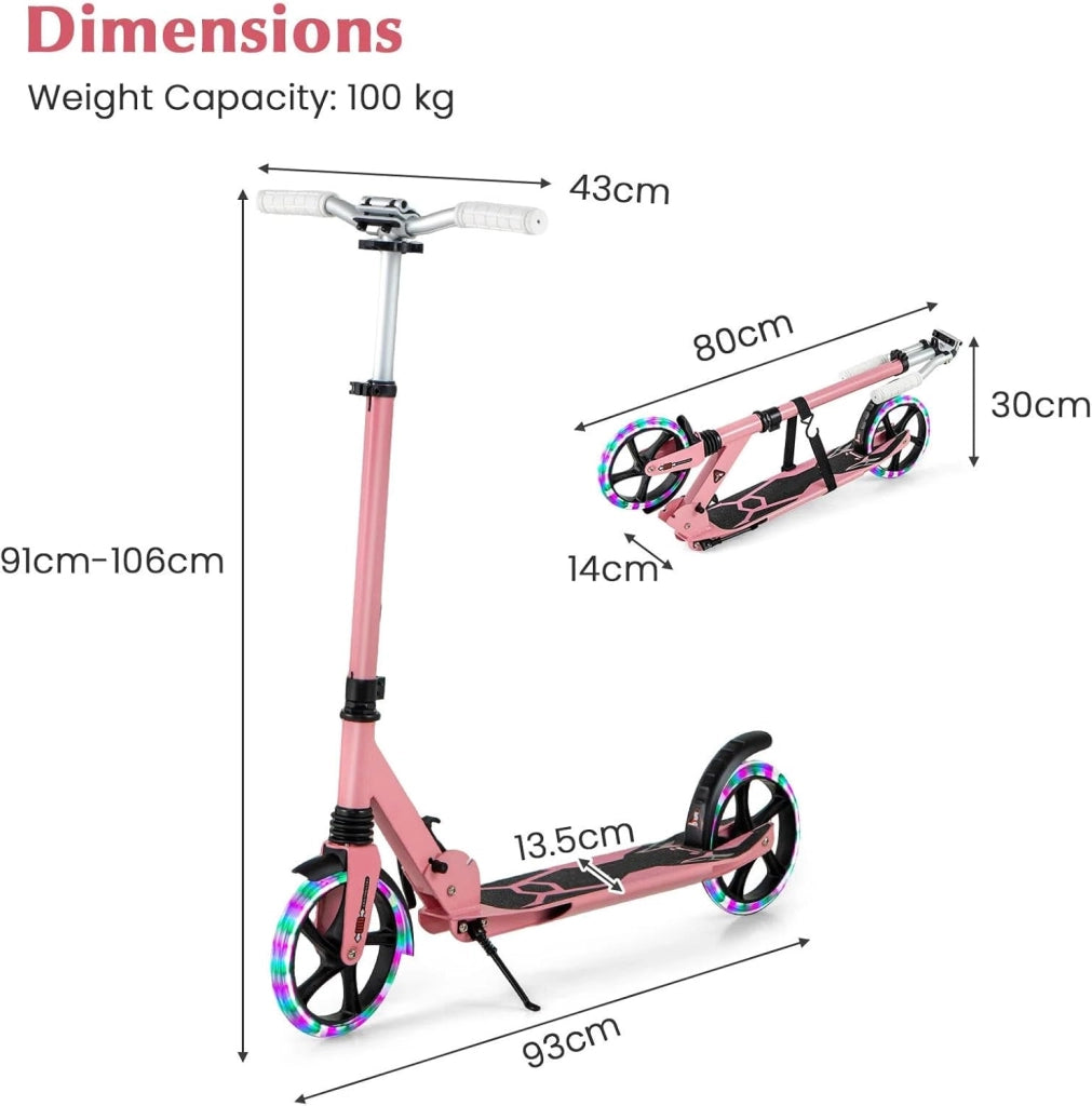 Monopattino da bambino con 2 ruote, LED e freno, skateboard pieghevole, 3 altezze regolabili, scooter in alluminio con cavalletto e cintura, carico 100 kg, bambini 8 anni