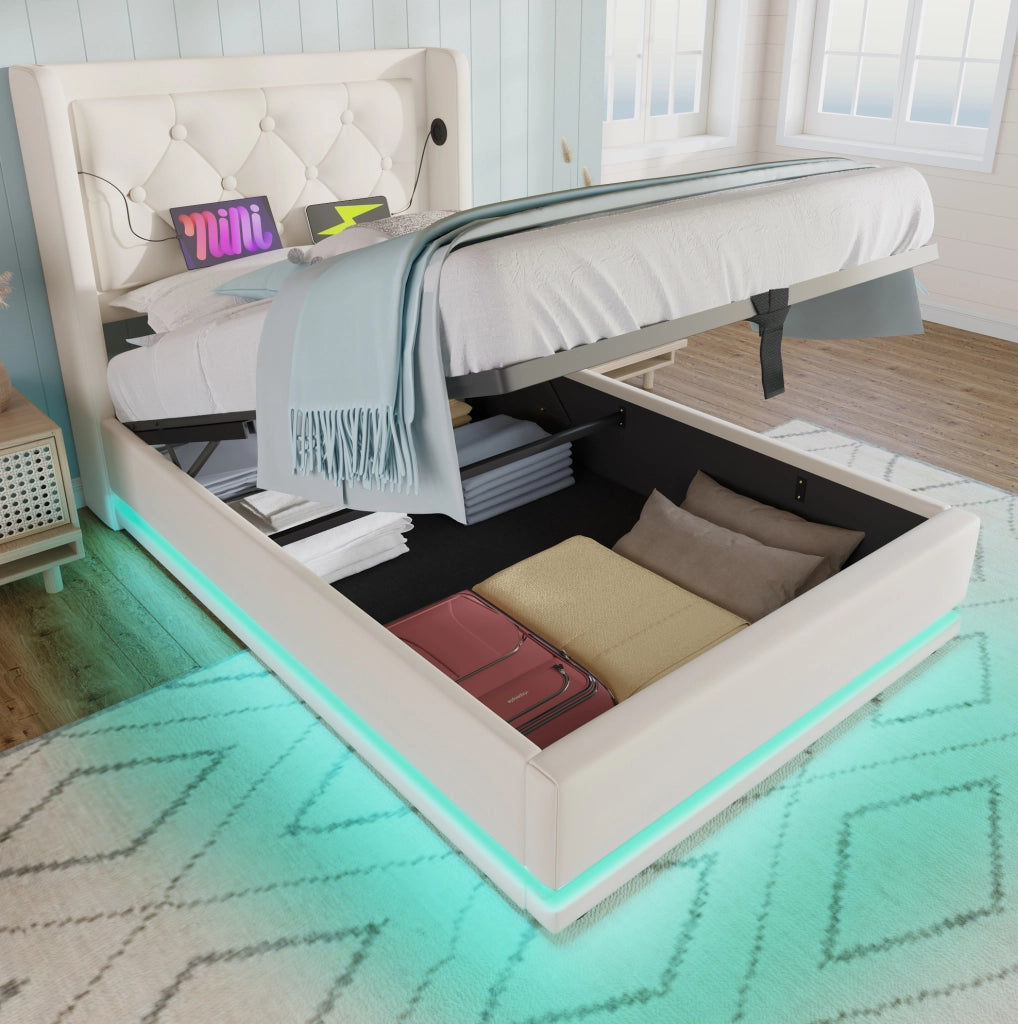 Letto singolo imbottito 90x200 cm bianco con materasso, LED, USB-C e vano contenitore