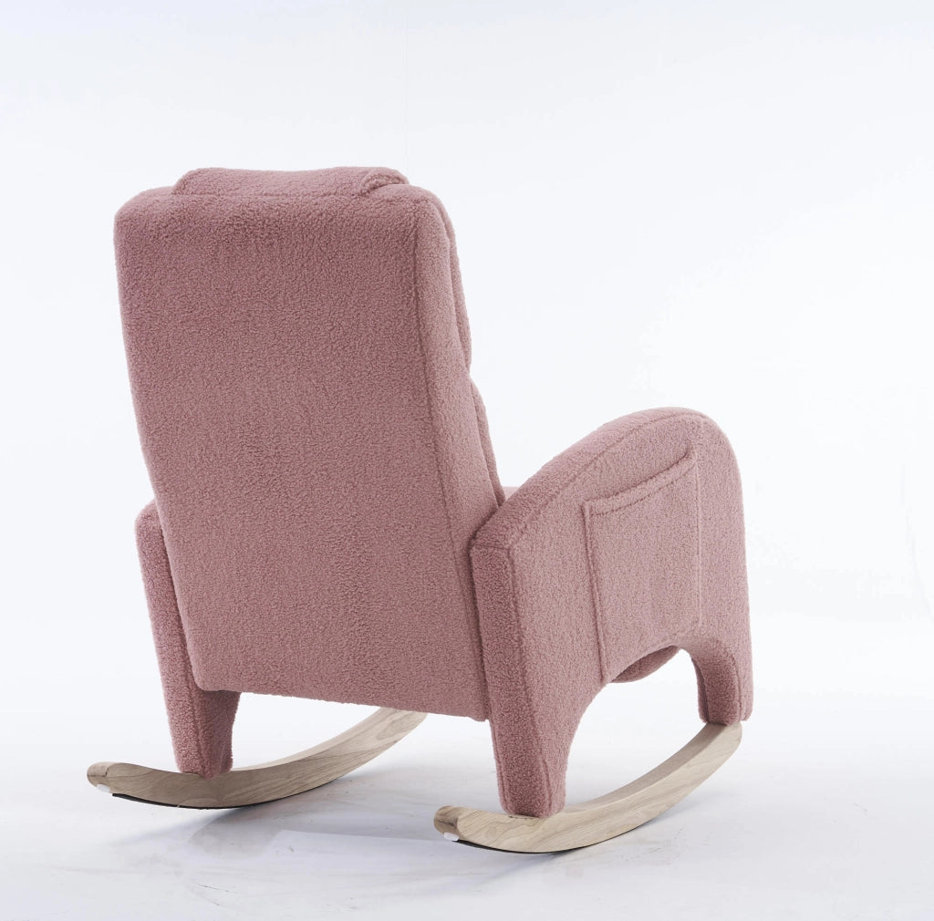 Poltrona a dondolo rosa in tessuto Teddy con poggiapiedi