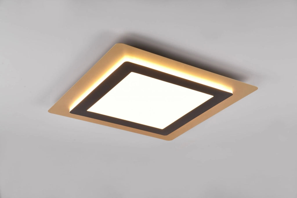 MORGAN PLAFONIERA A LED 46W 6000lm, 2700 - 6500K ORO QUADRATA BORDO METALLO NERO ILLUMINATO CON TELECOMANDO MULTIFUNZIONE 45CM X 45CM DIMMERABILE