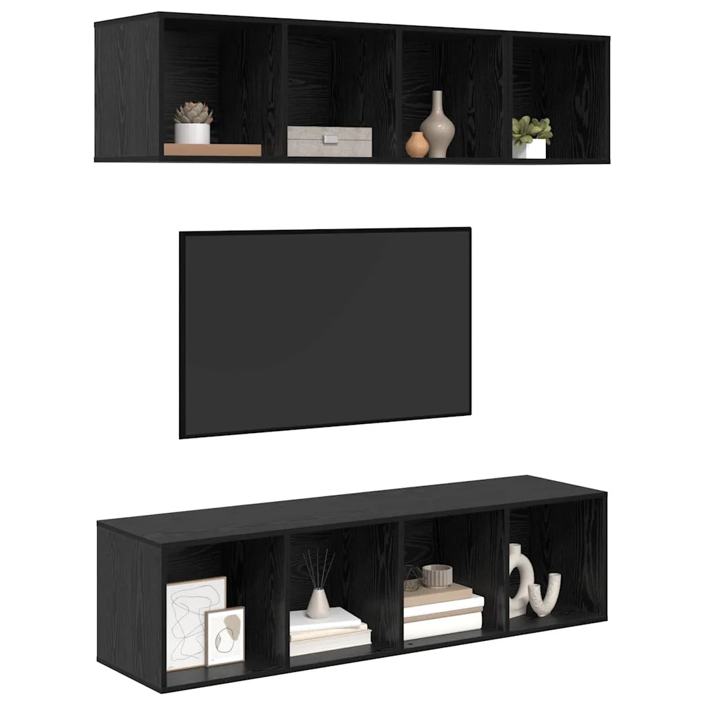 Set mobile TV 3 pz-Set di 3 Credenza per TV Rovere Nero Legno multistrato 463192