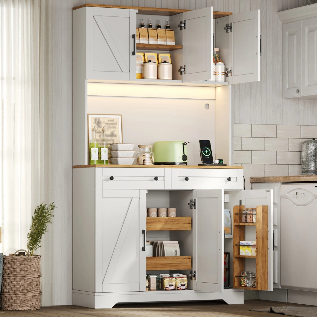 Credenza alta da cucina con LED RGB e prese organizer estraibile 2 cassetti per cucina in MDF 100 × 40 × 180 cm