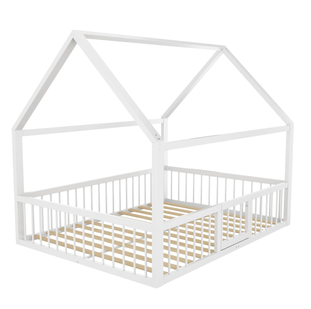 Letto 140x200 cm a casetta con sponde e porticina in metallo bianco