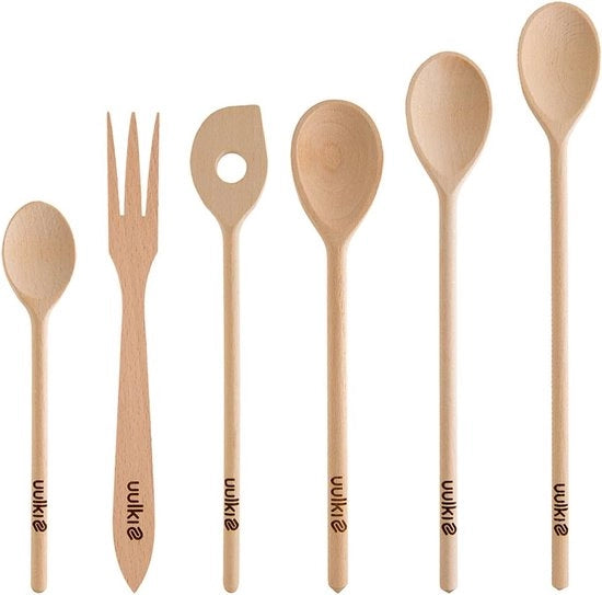 Set di cucchiai in legno di betulla | cucchiaio in legno 25-40 cm con cucchiaio a rovescio, cucchiaio per la padella, forchetta per erbe | cucchiaio in legno | 6 pezzi